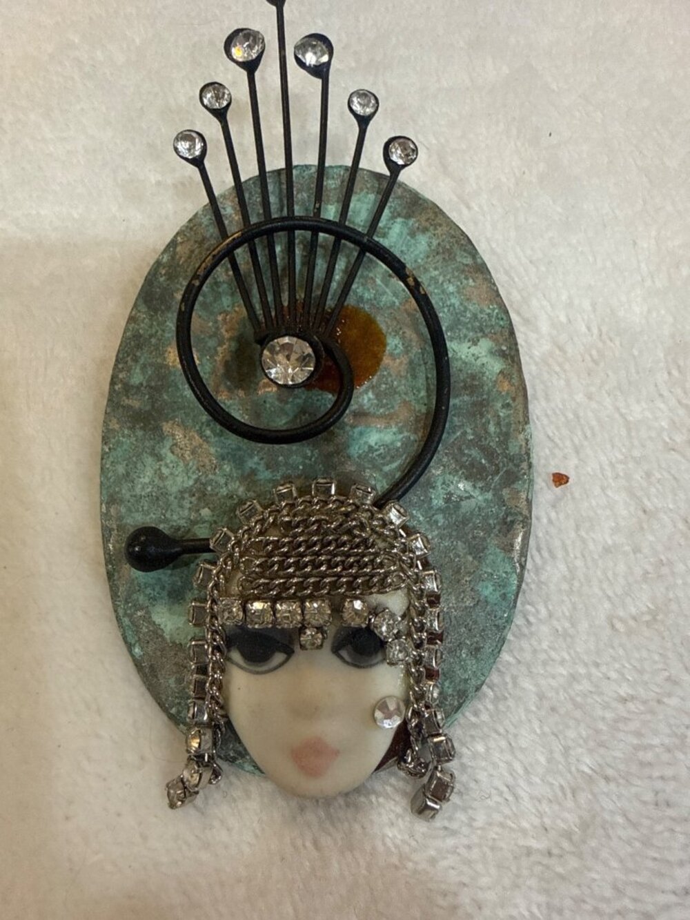 Vintage 1980s Art Deco Porcelain Flapper Face signed Gabriella Brooch Rhineston